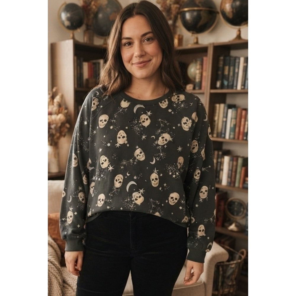 Torrid Celestial Skull Print Pullover Sweater Women's 2 Black Gothic Halloween